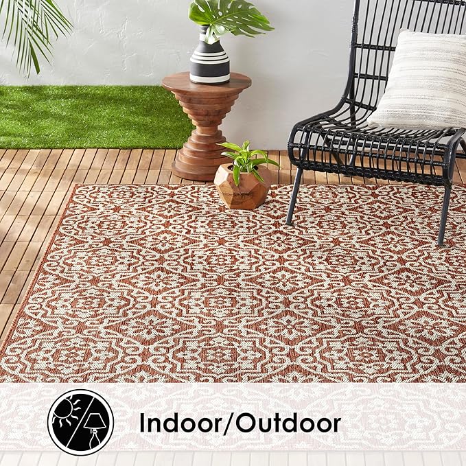 Nicole Miller New York Patio Country Julia Transitional Geometric Indoor/Outdoor Area Rug, Terracotta/Ivory, 5'2"x7'2"