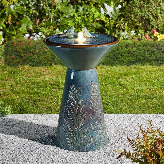 Glitzhome 27.5" H Outdoor Garden Water Fountain with LED Light and Pump, Turquoise Two Birds Embossed Pattern Pedestal Ceramic Floor-Standing Water Fountain for Yard Floor Patio Backyard
