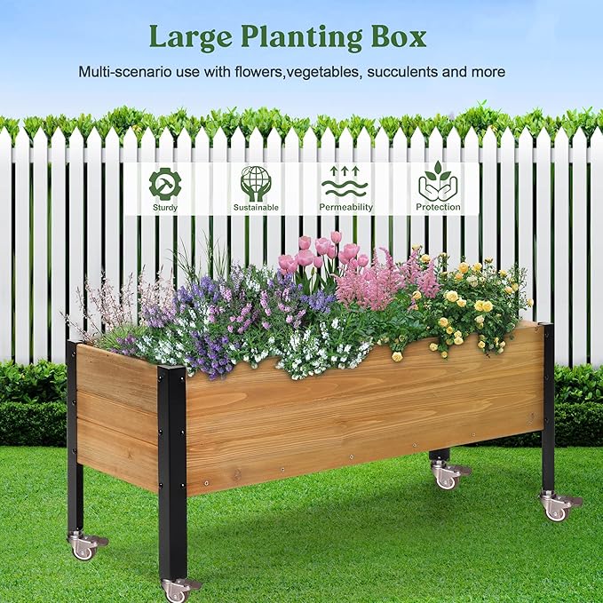 Wood Rectangular Garden Planter Box with Wheel Raised Garden Bed Outdoor,Planters for Outdoor Plants 37 * 13 * 15 Elevated Planter Box for Herbs Vegetables Flowers Outdoor Patio Deck Balcony