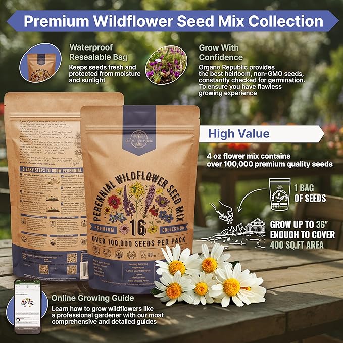 Organo Republic 16 Perennial Wildflower Seeds Mix for Indoor & Outdoors. 100,000+ Non-GMO, Heirloom Wildflower Garden Seeds, 4oz Packet for Growing Wild Flowers to Attract Bees, Butterflies & Birds