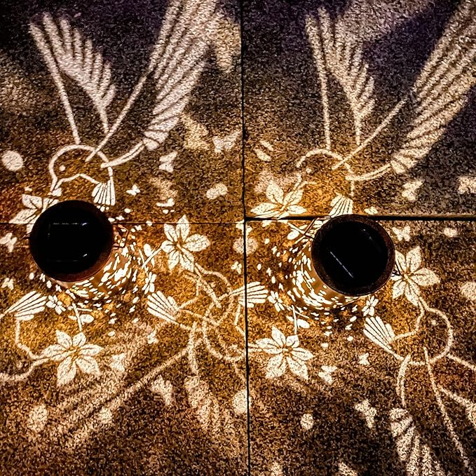 4 Packs Solar Lanterns Outdoor Hanging Lantern Lights, 4 Hummingbird Hollowed-Out Metal Decor Lantern, Waterproof LED Decorative Garden Light Gifts