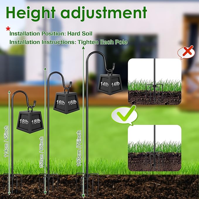 XDW-GIFTS Bird Feeder Pole for Outdoor, 2-Pack 76 Inch Shepherds Hooks Heavy Duty Garden Pole for Hanging Plant Basket, Solar Light Lanterns, Garden Plant Hanger Stands with 5 Base Prongs