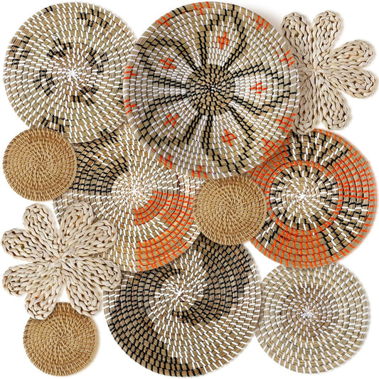 11 Pcs Boho Hanging Wall Basket Decor Handmade Woven Basket Wall Decorative Boho Wicker Baskets Placemats Round Farmhouse Bulrush Art for Rustic Home Decorations Christmas Gift(Cute)