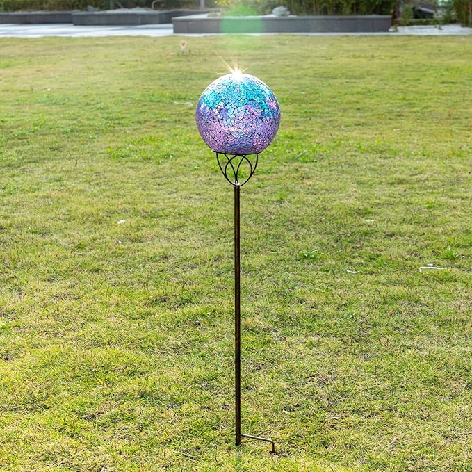 VCUTEKA Solar Lights Outdoor Garden Decor Mosaic Solar Garden Lights Waterproof Glass Ball LED Pathway Stake Light for Landscape Lawn Patio Yard Decoration Purple 6 inch