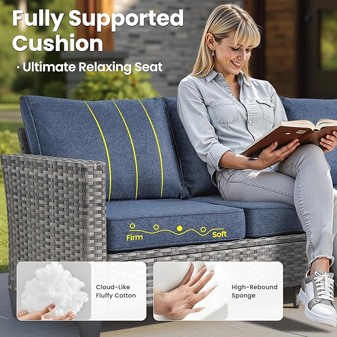 ovios 8 Pieces Patio Furniture Set Outdoor Sofa Couch with Solar Lights Table Comfy Cushions, Modern Deep Seat Wicker Rattan Conversation Set for Porch Deck, Denim Blue