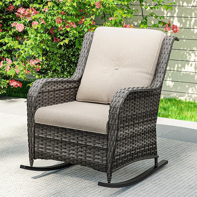 1 PC Outdoor Rocking Chair, Wicker Patio Rocker Chair for Yard, Porch, Mixed Brown Grey Rattan, Beige Cushions