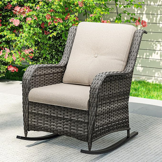 1 PC Outdoor Rocking Chair, Wicker Patio Rocker Chair for Yard, Porch, Mixed Brown Grey Rattan, Beige Cushions