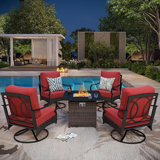 Patio Furniture Set with 32" Fire Pit Table, Patio Conversation Sets 4 Swivel Chairs with Thick Cushion and 50000 BTU Fire Pit Table (5 Pieces,Red