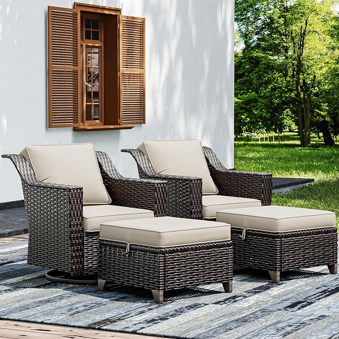 Joyside Wicker Patio Furniture Sets, 4 Pieces Upgraded Large Size Outdoor Furniture with Swivel Rocking Patio Chairs and Outdoor Ottoman, Thick Cushions, Wide Armrest