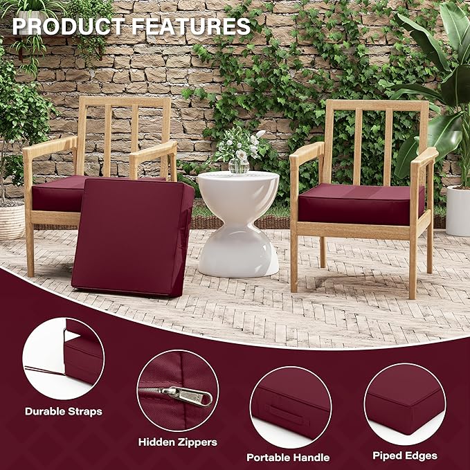 Patio Chair Cushions 19 X 19 X 4 Inch Waterproof Outdoor Seat Cushions for Patio Furniture, Outdoor Sofa Couch Pads with Ties & Handle, Set of 2, Burgundy
