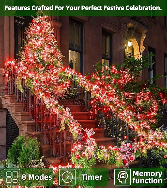 750 LED Outdoor Christmas Lights Decorations, 246ft Green Wire LED Christmas String Lights with Timer Memory, Twinkle Lighs for Indoor Outdoor Xmas Party Christmas Tree Wedding Garden Patio Red