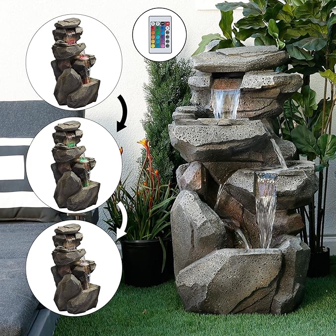 Alpine Corporation WIN1184 40" 3-Tier Outdoor Rock Waterfall Floor Fountain with Color-Changing LED Lights, Cascading Water Feature for Gardens, Patios, and Yards, Gray