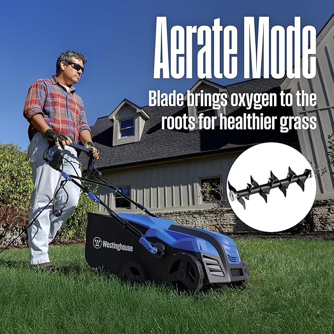Westinghouse 16-Inch 15 Amp 2-in-1 Corded Electric Dethatcher and Aerator with 14.5 Gallon Thatch Collection Bag, 5-Position Depth Adjustment and 3-Position Angle Settings