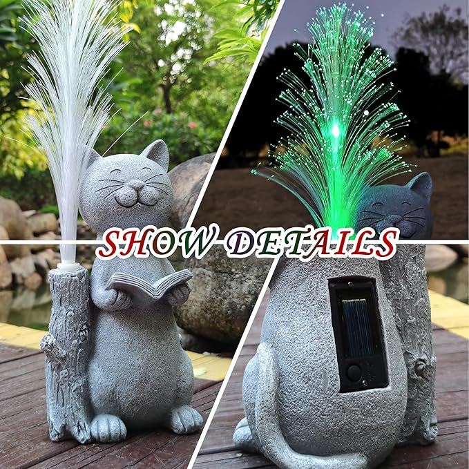 Cat Solar Garden Statues,Resin Cat Figurine Reading a Book and 7-Color Changing Optical Fiber with Solar Lights, Lawn Decor Outdoor Statue for Patio,Balcony,Yard,Lawn Ornament