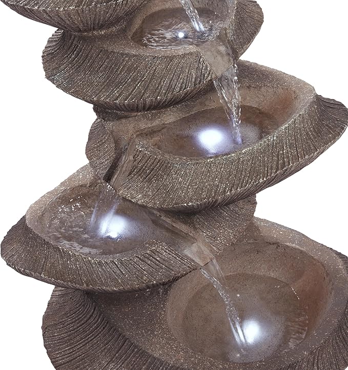 Alpine Corporation WIN1332L-BR Outdoor Floor Tiered Basin Fountain with LED Lights, Modern Basin Garden Fountain 31", Brown