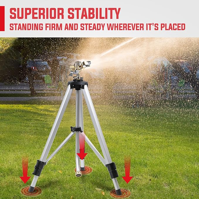 YAMATIC Impact Sprinkler on Adjustable Tripod Base, 360 Degree Large Area, Heavy Duty Adjustable Pulsator Sprinkler for Lawn, Yard and Grass Irrigation, Spray up to 20-90ft(Brass Head)