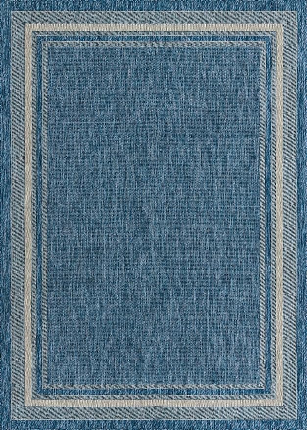 Unique Loom Outdoor Border Collection Area Rug - Soft Border (8' x 11' 4" Rectangle, Blue/ Ivory)