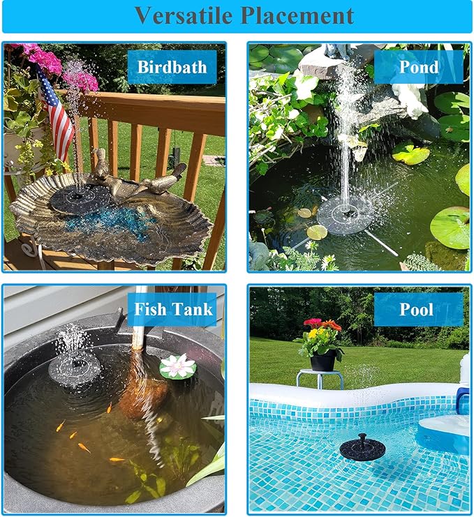 Solar Bird Bath Fountain Pump with 6 Nozzle and Anti-Collision Pole,1.4w Solar Powered Free Standing Floating Water Pump for Fish Tank, Pond, Pool, Garden and Outdoor