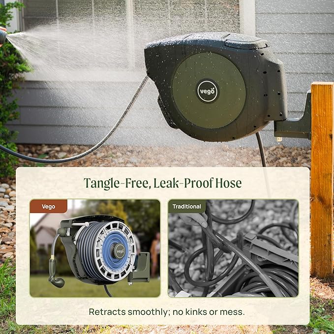 Vego Garden Hose Reel Retractable Hi-Flow x 100ft Wall Mounted Hose Reel Automatic Rewind, Any Length Lock with 9 Patterns Sprayer Nozzle, Quick Connector and Adjustable shot Nozzle-Seaweed Green