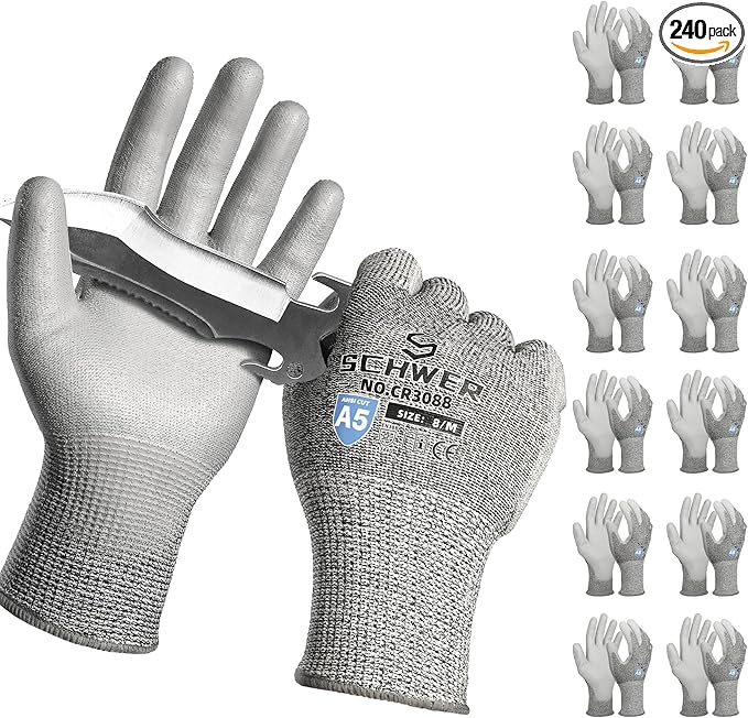 Schwer 240 Pairs ANSI A5 Cut Resistant Work Gloves, Cut Proof Gloves with PU Coating, Used for Metal Fabrication, WoodWorking, Construction, Non Slip, Durable, M, CR3088