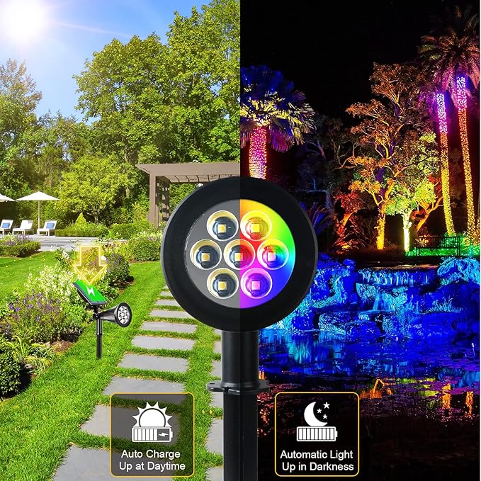 T-SUNUS Solar Landscape Spotlights Color Changing 4 Pack IP55 Waterproof Outdoor Christmas & Halloween RGB Pond Lights for Flag Yard Pathway Pool Patio Auto On/Off Adjustable Colorful Garden Lighting