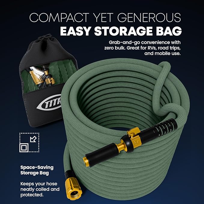 TITAN Flexible Garden Hose 15FT – Ultra Lightweight, Heavy Duty Water Hose with Brass Fittings & Jet Nozzle – Kink-Free, Non-Expanding, Durable Fabric Hose for Yard, Lawn, Car Wash, Outdoor Use