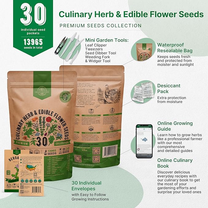 Organo Republic 30 Culinary Herbs & Edible Flower Seed Variety Pack- Indoor/Outdoor. 14000+ Non-GMO Heirloom Flower Seeds: Basil, Borage, Echinacea, Lavender, Oregano, Rosemary Seeds & More