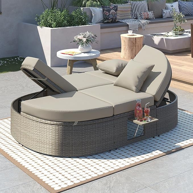 kevinplus Outdoor Daybed Patio Sunbed with Adjustable Backrests and Foldable Cupholder, Rattan Outdoor Garden Daybed Sunbed Reclining Chaise Lounge for Poolside Balcony, Gray