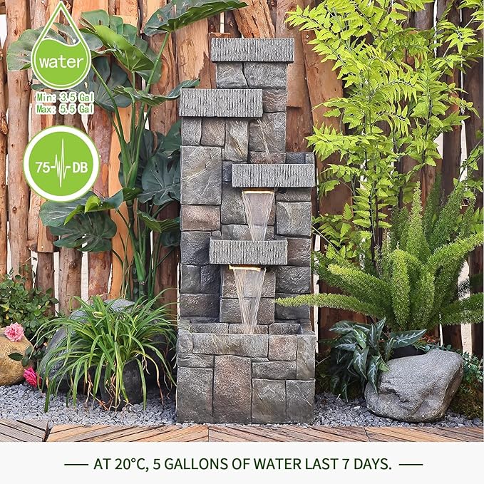 Garden Fountains Outdoor Water Fountain - 44.5 Inches 4 Tired Modern Indoor Floor Standing Outdoor Fountain with Lights Pump for Garden Patio Backyard Porch Home Art Decor, Dark Gray