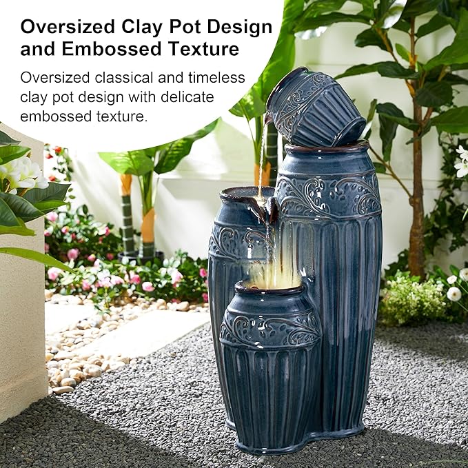 Glitzhome 35.5" H Oversized Outdoor Water Fountain with LED Lights and Pump, 4 Tier Turquoise Embossed Pattern Ceramic Pots Fountains, Cascading Standing Fountain for Porch Deck Garden Patio Backyard