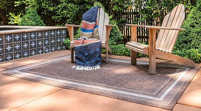 Unique Loom Outdoor Border Collection Area Rug - Soft Border (8' x 11' 4" Rectangle, Brown/ Ivory)