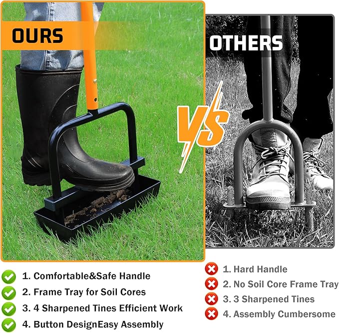 Lawn Aerator Coring Tool with Soil Core Collection Tray, 4 Tines Manual Yard Air Grass Aerator Gardening Tool for Lawn Care Courtyard,Orange（Updated Box）