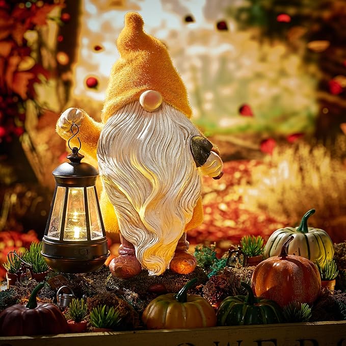 TERESA'S COLLECTIONS Christmas Outdoor Statue for Home, Resin Gnome Decorations with Solar Outdoor Lights for Garden Decor,Yellow Garden Sculptures & Statues for Front Patio Lawn, Gifts for Mom,12"