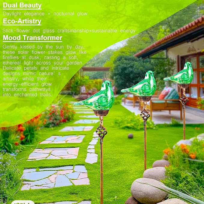 Decorative Solar Lights Outdoor Solar Bird Stake Lights Hand Blown Glass Decorative Garden Pathway Lights Outdoor Waterproof Glass Stakes (Green)