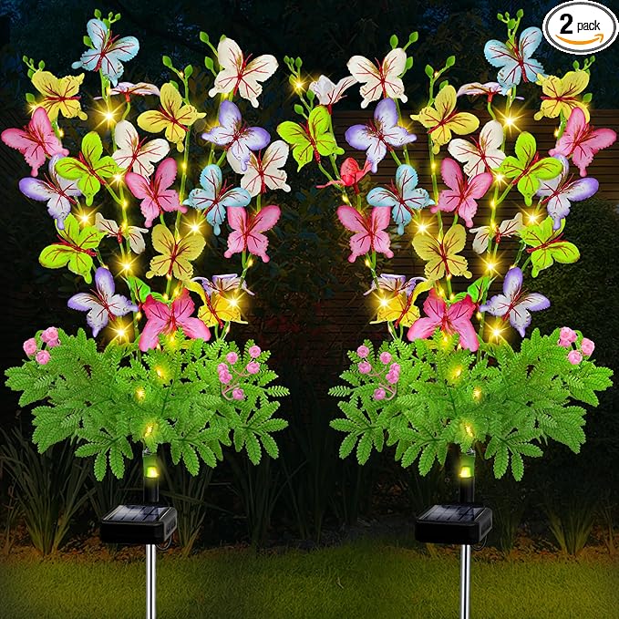 Solar Garden Lights Outdoor Waterproof,2 Packs Solar Swaying Butterfly Lights Decor,Gardening Butterfly Gifts for Mom Women,Solar Flowers Plant Lights Decorative Stakes for Yard Patio Lawn Pathway