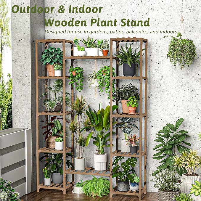 Plant Stand Indoor Outdoor 62.2“ Tall Plant Shelf Large Tiered Flower Stands for Multiple Display Wood Hanging Planter Holder for Living Room Garden Balcony Patio Decor
