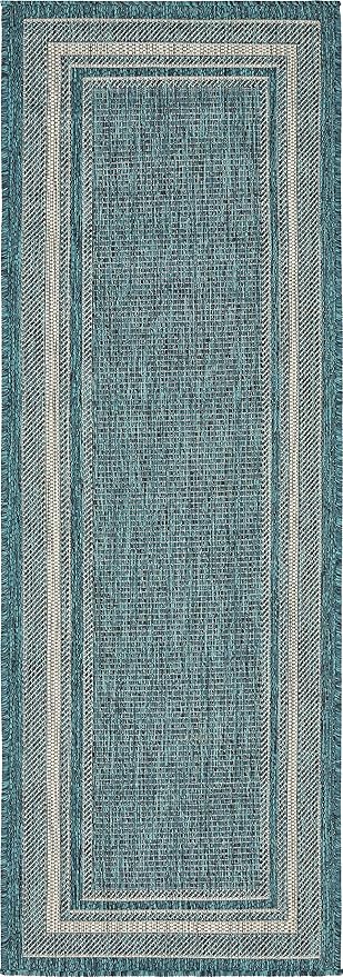 Unique Loom Outdoor Border Collection Area Rug - Soft Border (2'x 6' 1" Runner, Teal/ Ivory)