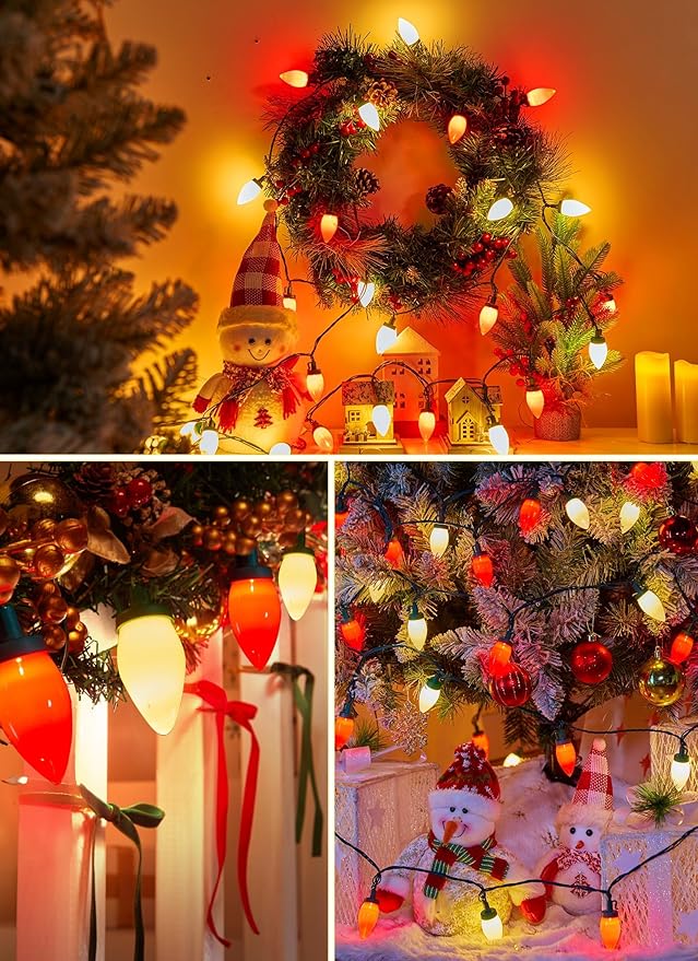 Brightown C9 LED Christmas String Lights, 66ft Vintage Outdoor Lights String with 100 Smooth Opaque Bulbs, Plug-in Waterproof Roofline Lights String for Outside Patio Christmas Holiday Decor