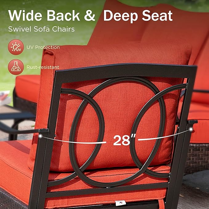 PHI VILLA Patio Furniture Set with 56" Fire Pit Table, Premium Outdoor Wicker Metal Frame Furniture with Upgraded Waterproof Thick Cushions for Porch, Poolside, Deck, and Yard