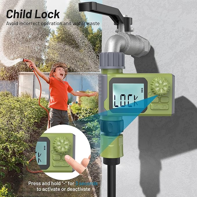 Sprinkler Timer, Hoses Timer for Watering, Outdoor Irrigation Timers, Water Scheduling Device for Tube Programmable with Auto/Manual/Rain-Delay System, Water Hoses Timers for Yard, Lawn, Pool(Green)