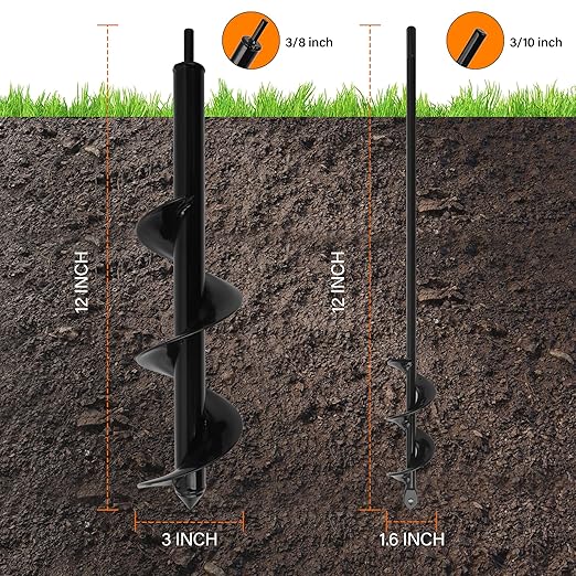 KENDO Auger Drill Bit for Planting Set of 2, Garden Ground Earth Spiral Drill Bits and Bulb Planter Tool for 3/8" Hex Drive Drill, for Post Hole Digger, Bulb Bedding Digging, Plant Rapid Planter
