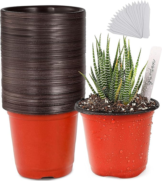 TDHDIKE Plastic Planter Nursery Pots 4" Small (50pcs Pots and 50pcs Labels) Seedlings Flower Pots Container Seed Starting Pots for Plants