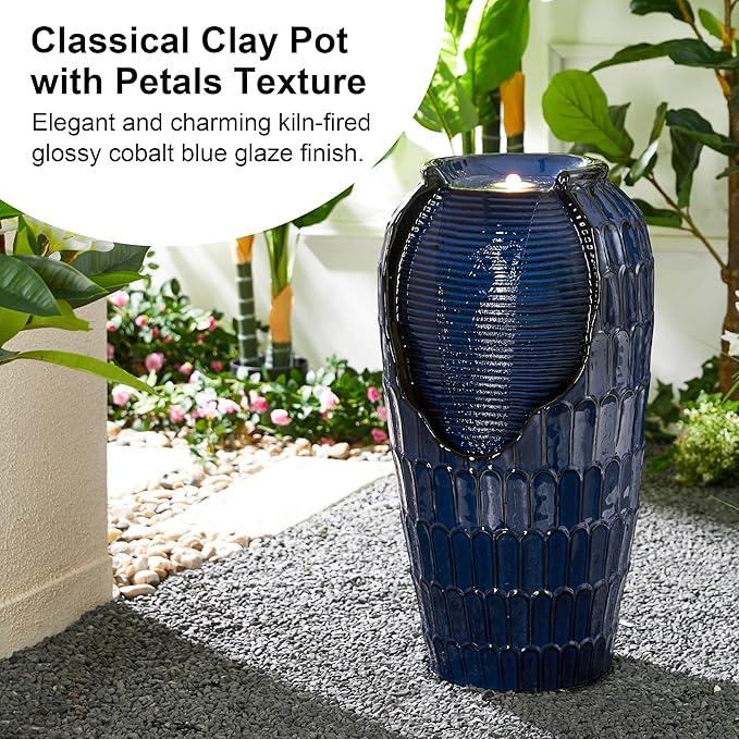 Glitzhome 28.25" H Oversized Ceramic Petals Textured Jar Outdoor Water Fountain, Vintage Cobalt Blue Glaze Vase Patio Garden Waterfall Fountain with LED Light and Submersible Pump