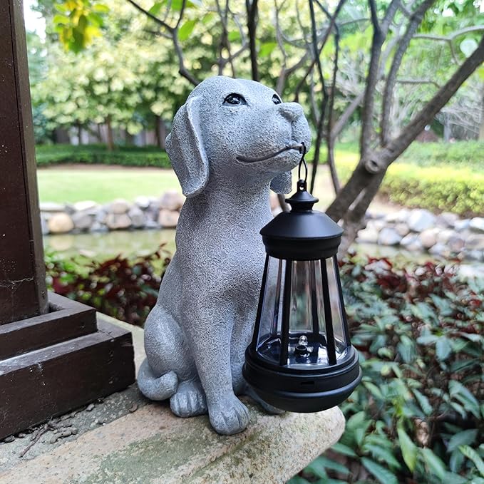 Dog Solar Garden Statues,Resin Dog Figurine Decorations with Solar Lights Lantern, Outdoor Decor Art for Lawn,Yard,Unique Housewarming Gift for Garden Home