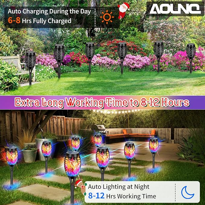 12 Pack Solar Torch Lights Outdoor Waterproof - Multicolor Flickering Flame, Outdoor Solar Garden Lights for Yard, Tiki Torches for Outside Patio Pathway Decorations