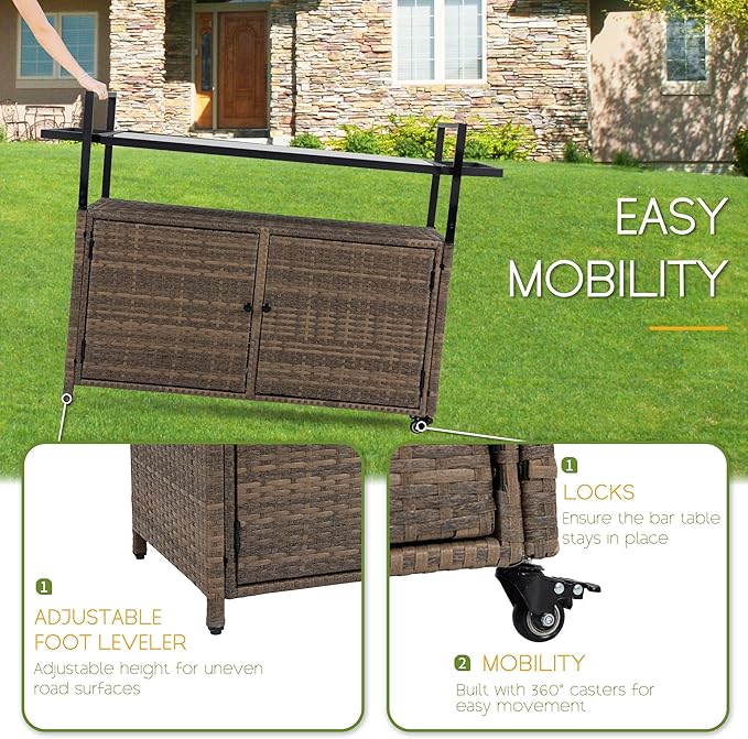 Wicker Outdoor Bar Cart - Brown Patio Console Storage Table Buffet Cabinet Serving Kitchen Cart with Wheels for Outside Backyard