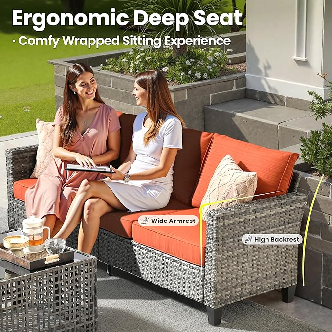 ovios 6 Pieces Patio Furniture Set Outdoor Sofa Couch with Solar Lights Table Comfy Cushions, Modern Deep Seat Wicker Rattan Conversation Set for Porch Deck, Orange Red