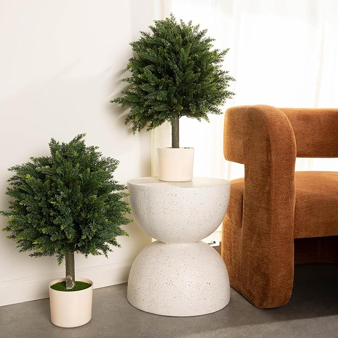 Premium 16" Diameter Artificial Cypress Topiary – Set of 2 Faux Plants in Beige Decorative Planters – UV-Resistant, Weatherproof, Realistic Outdoor & Indoor Greenery
