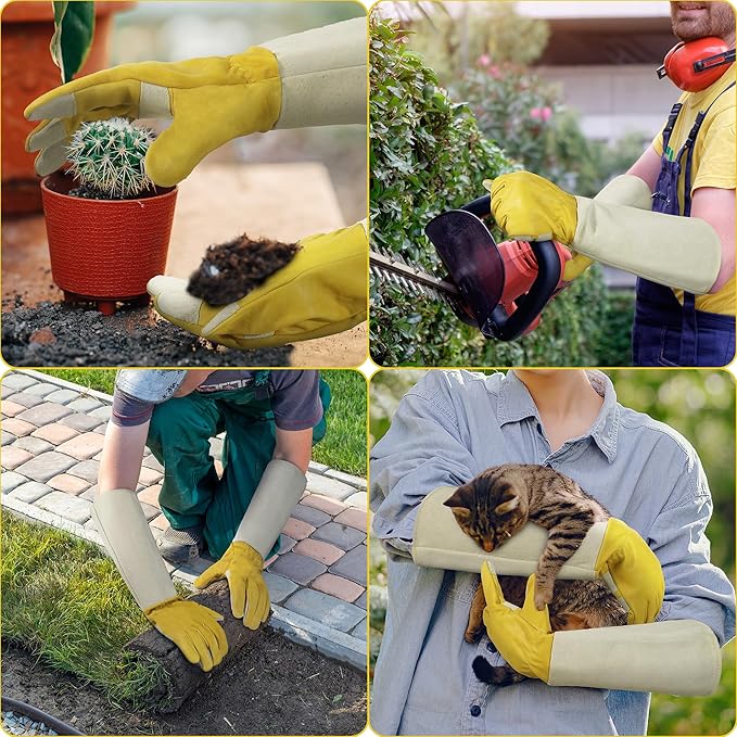 HANDLANDY Rose Pruning Gardening Gloves for Men Women, Thorn Proof Forearm Protection Leather Garden Gloves, Gardening Gifts for Gardeners (Yellow- goatskin, Small (Pack of 1))