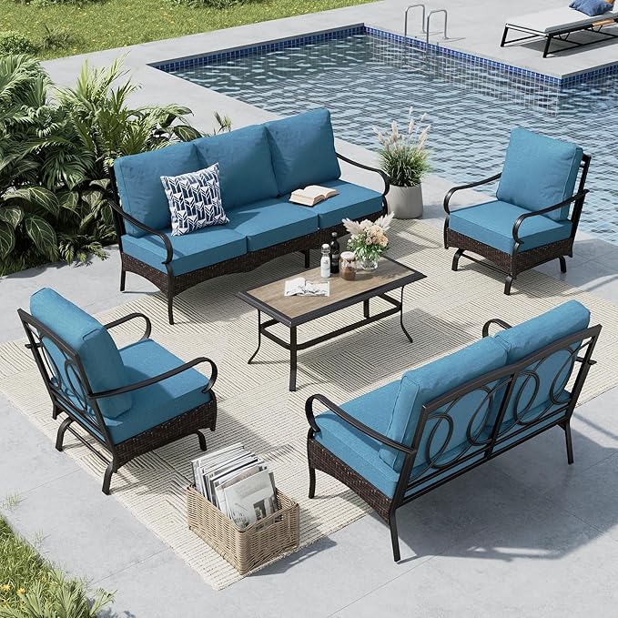 MFSTUDIO 5 PCS Outdoor Patio Furniture Set, Metal Outdoor Conversation Set, Rattan Wicker Patio Sectional Sofa Set with 2 x Rocking Single Sofa, 2-Seat and 3-Seat Sofa, 1 x Coffee Table, Navy Blue
